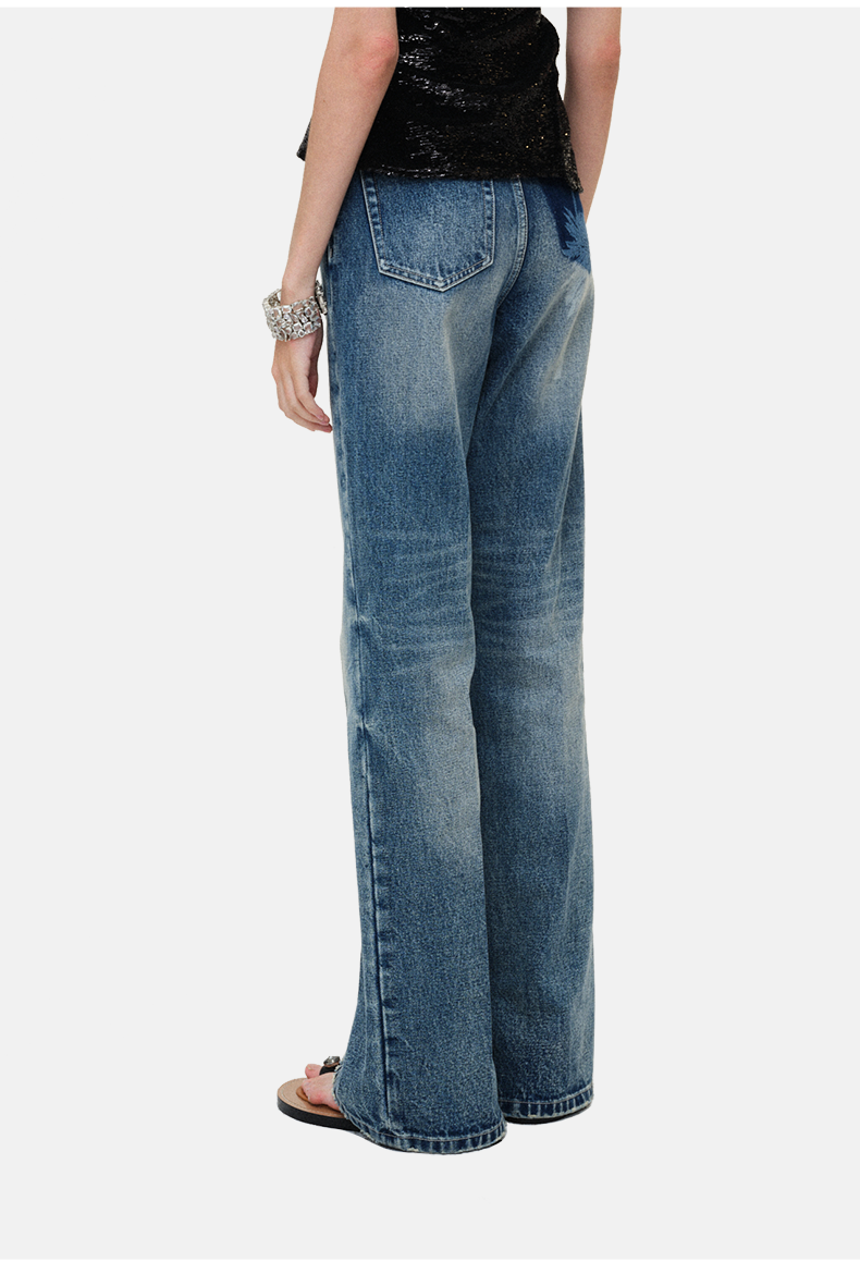 Washed Distressed Laser-Embroidered Straight-Leg Pants
