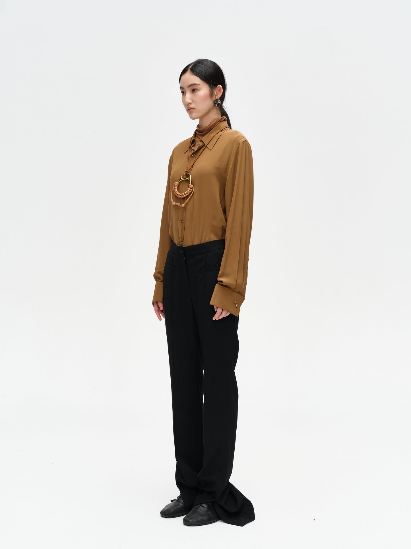 Black Wool Slit Straight-Leg Trousers