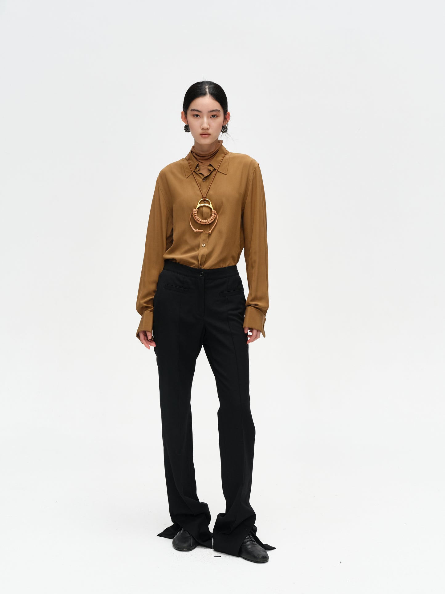 Black Wool Slit Straight-Leg Trousers