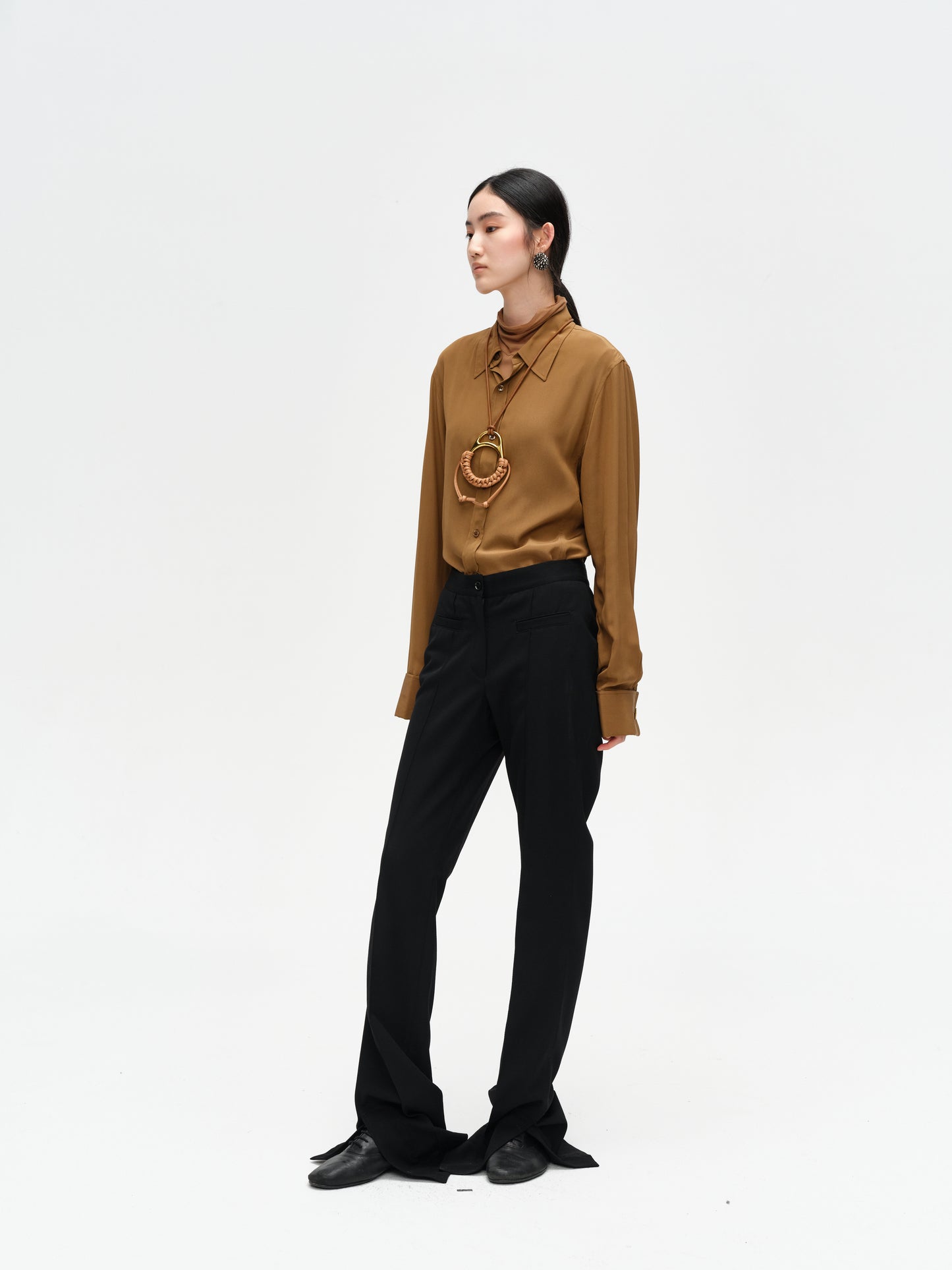 Black Wool Slit Straight-Leg Trousers