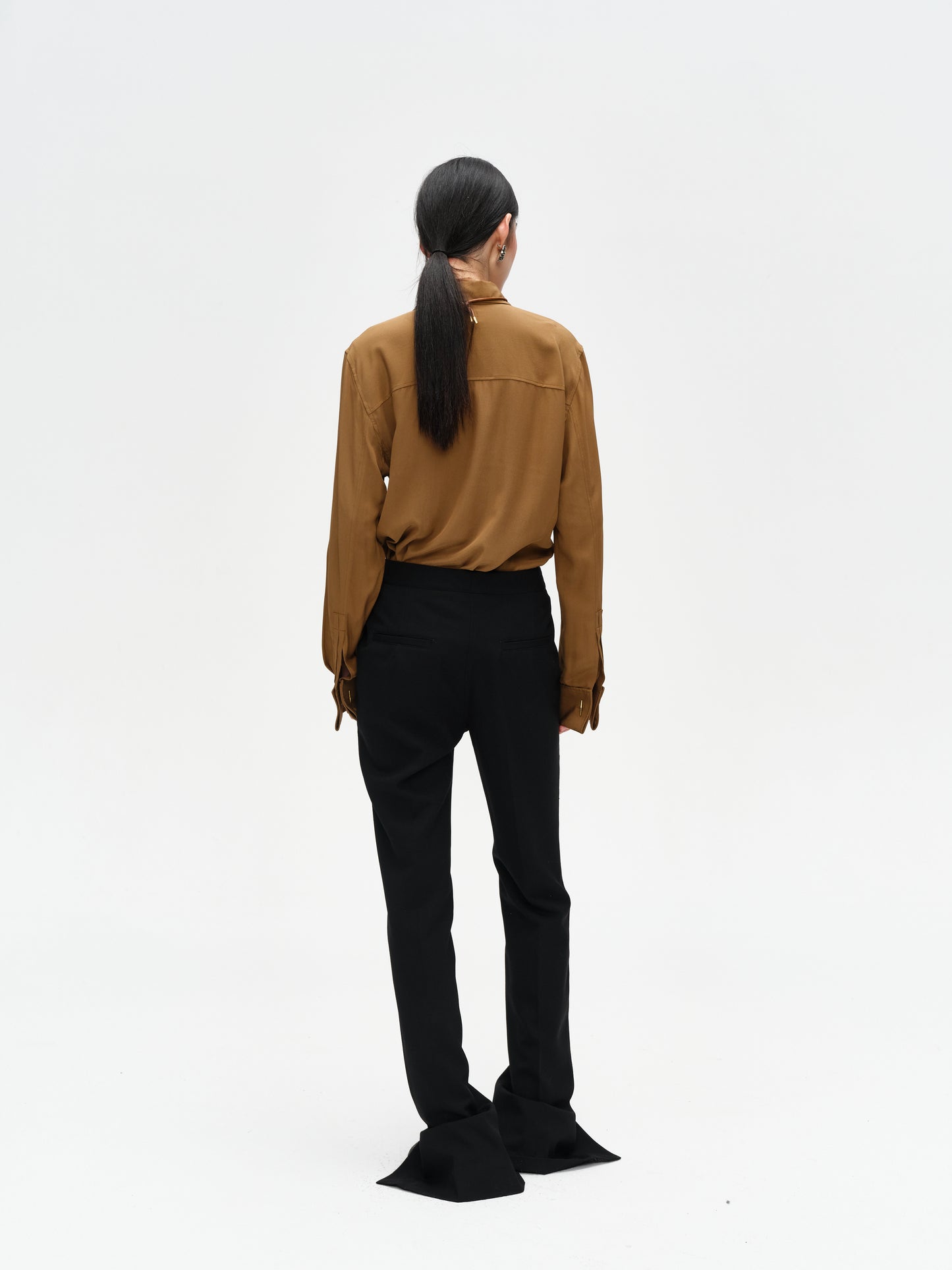 Black Wool Slit Straight-Leg Trousers