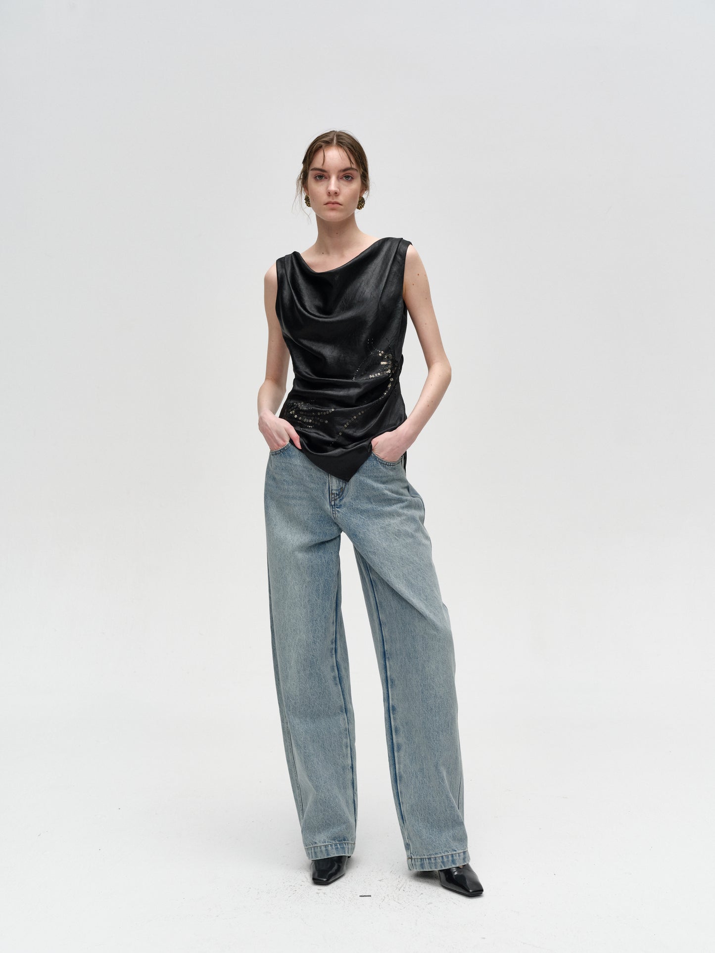 Black Sequin Asymmetrical Ruched Camisole