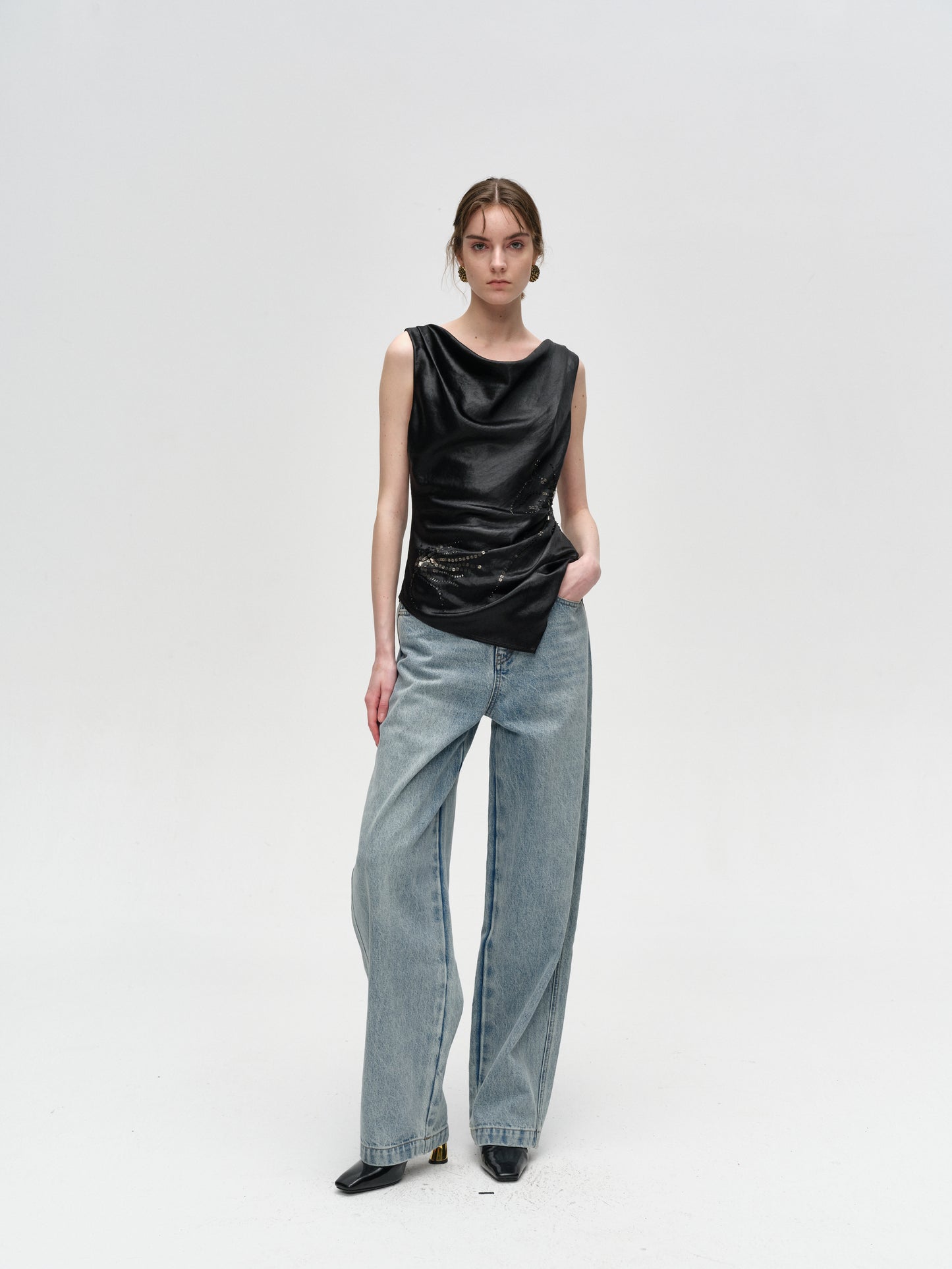 Black Sequin Asymmetrical Ruched Camisole