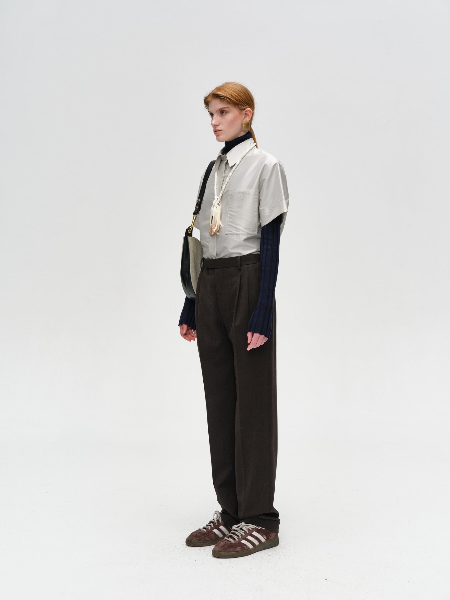 Dark Brown Wool Tailored Straight-Leg Trousers