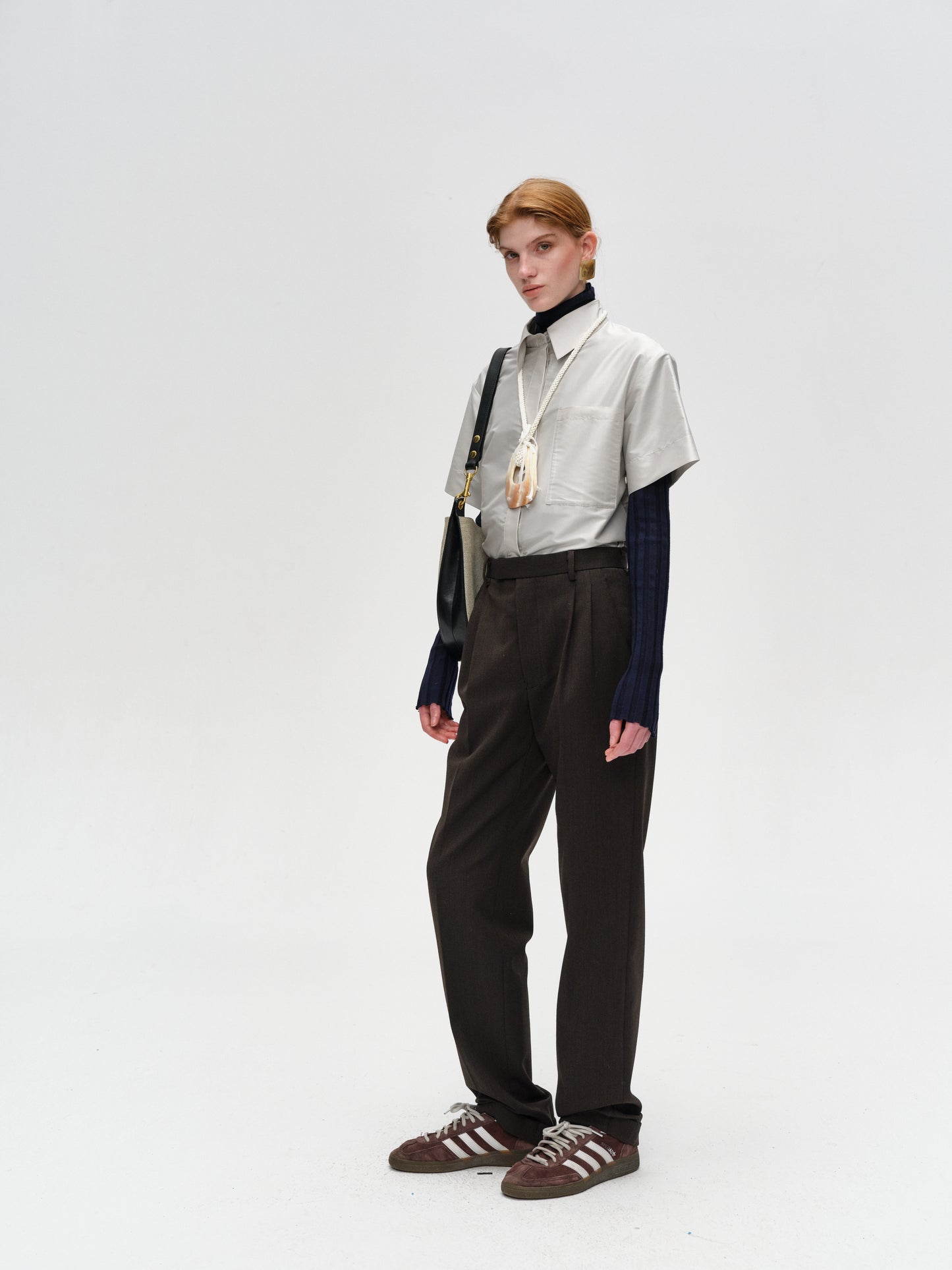 Dark Brown Wool Tailored Straight-Leg Trousers