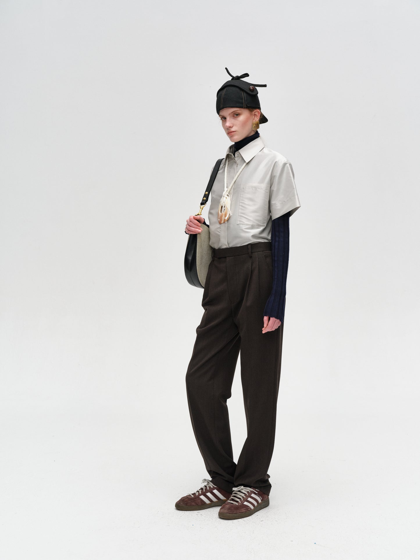 Dark Brown Wool Tailored Straight-Leg Trousers