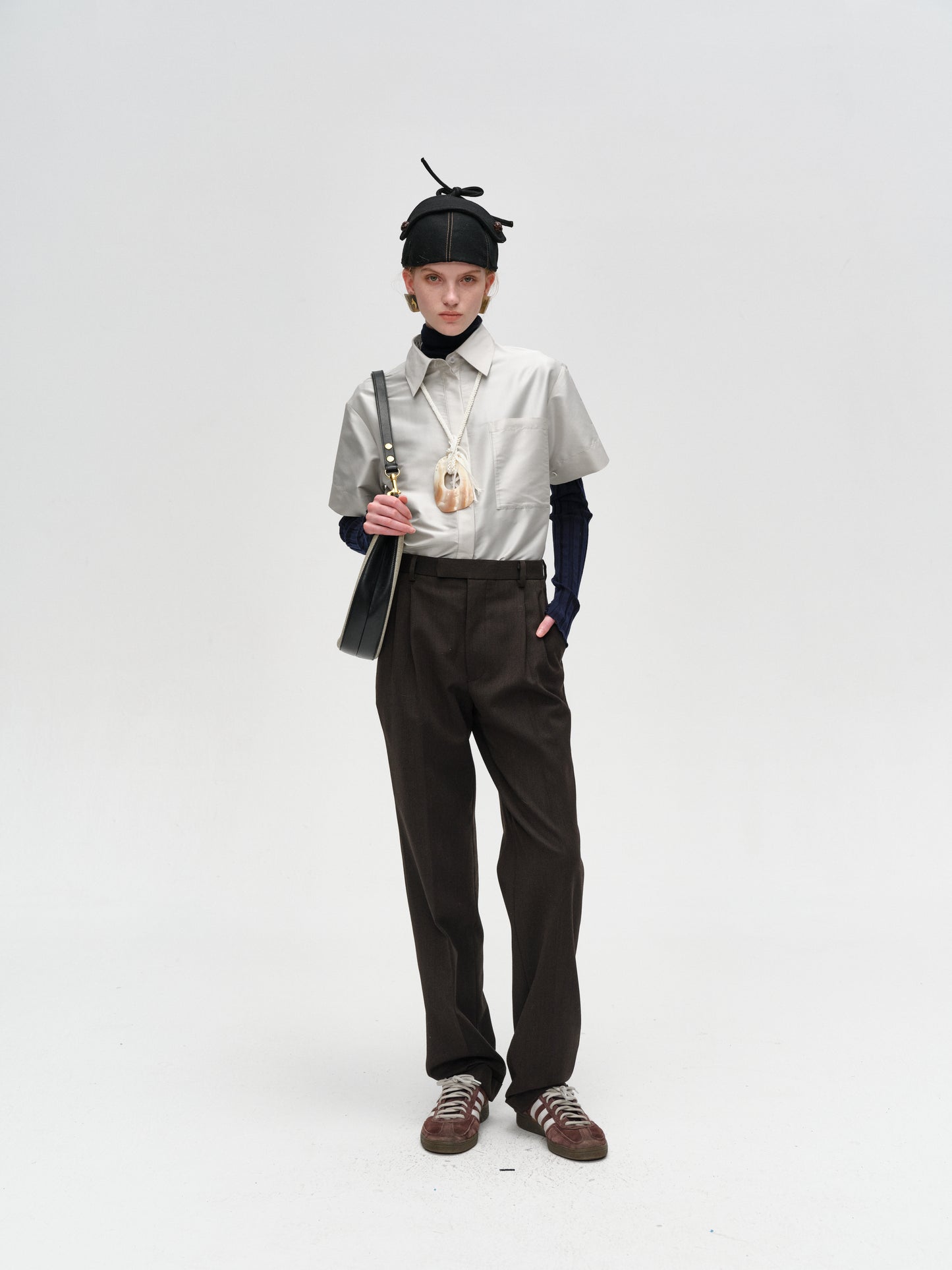 Dark Brown Wool Tailored Straight-Leg Trousers