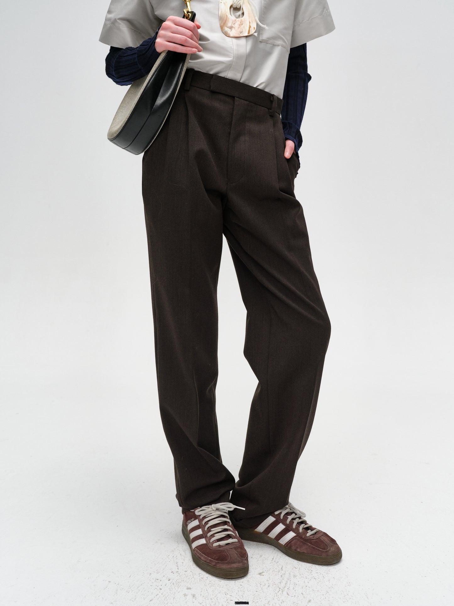 Dark Brown Wool Tailored Straight-Leg Trousers