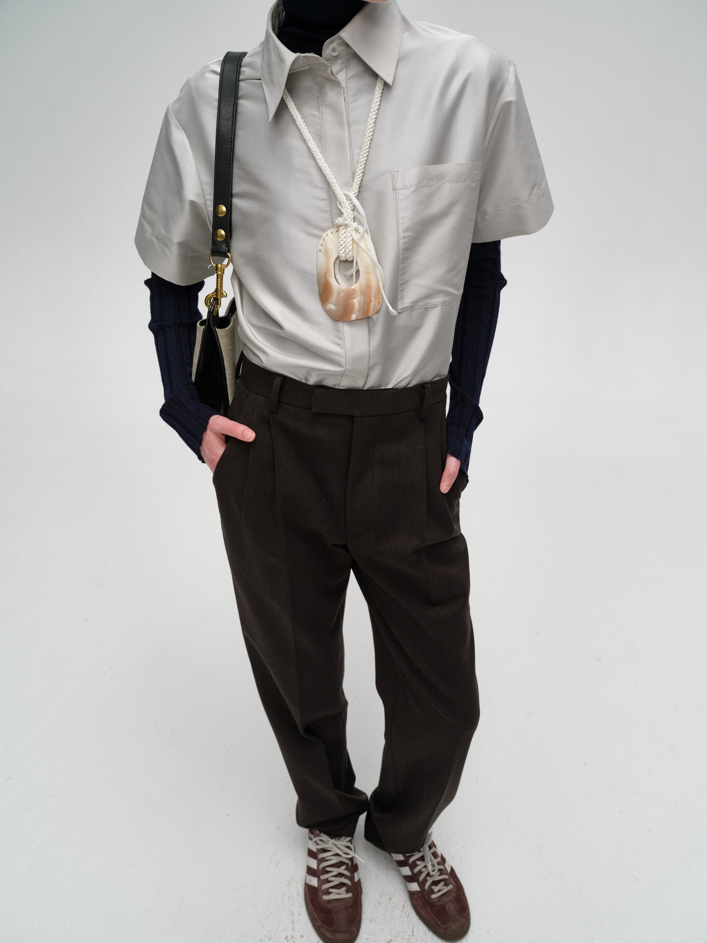 Dark Brown Wool Tailored Straight-Leg Trousers