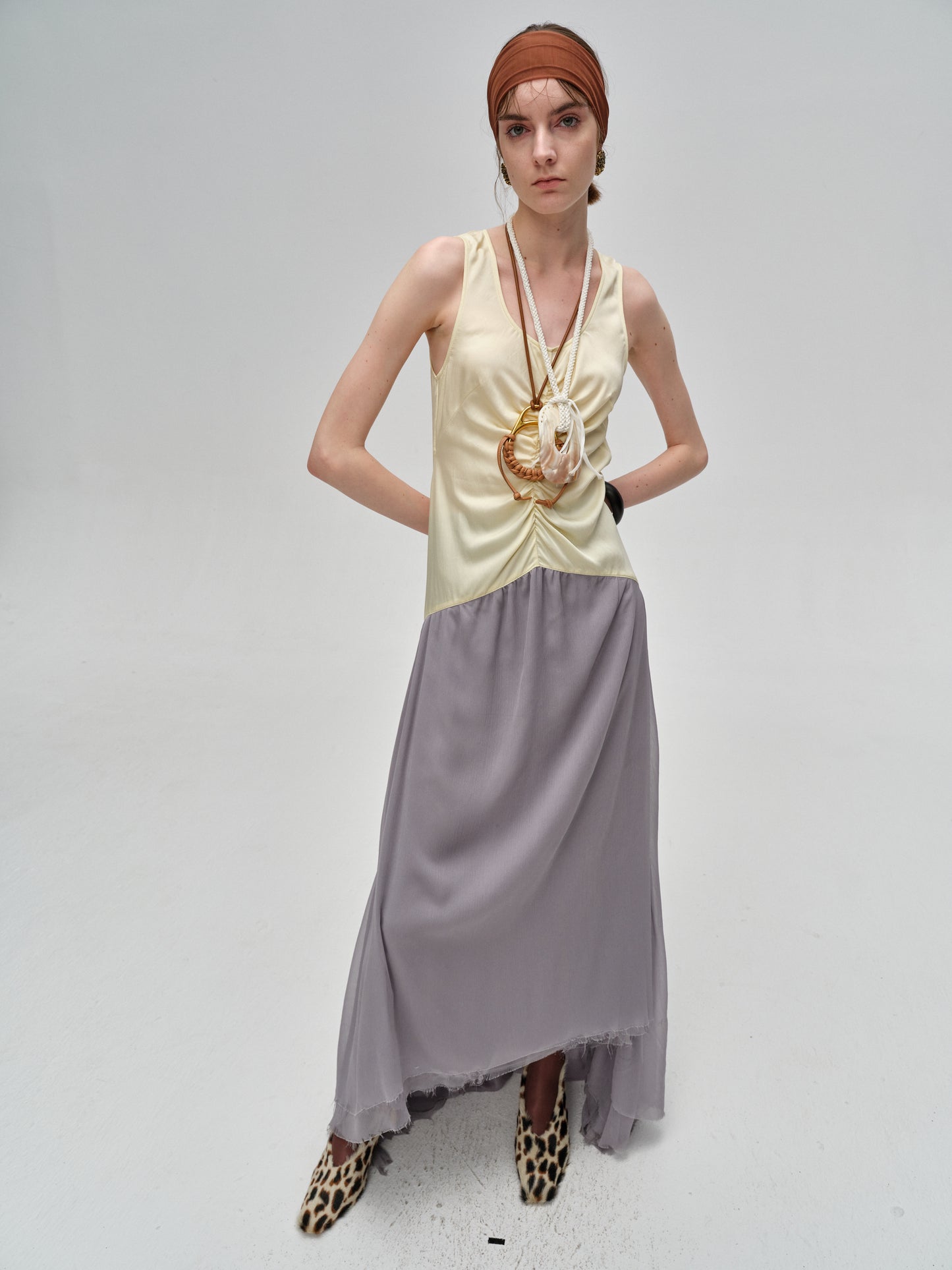 Yellow Gray Color-Blocked Pleated Dress