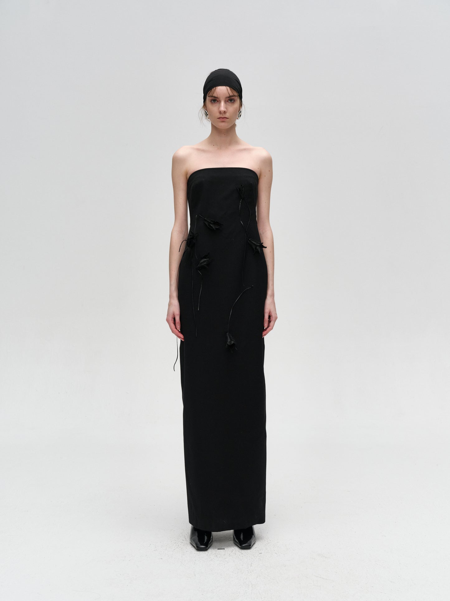 Black Hand-Embroidered Flower Bustier Dress