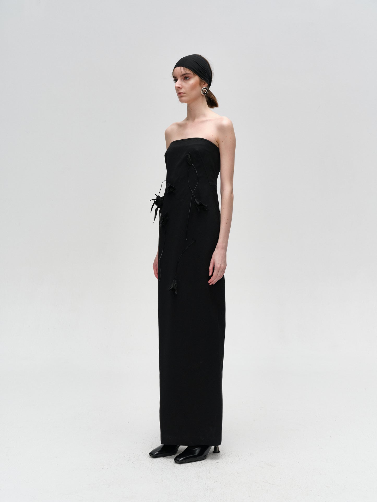 Black Hand-Embroidered Flower Bustier Dress