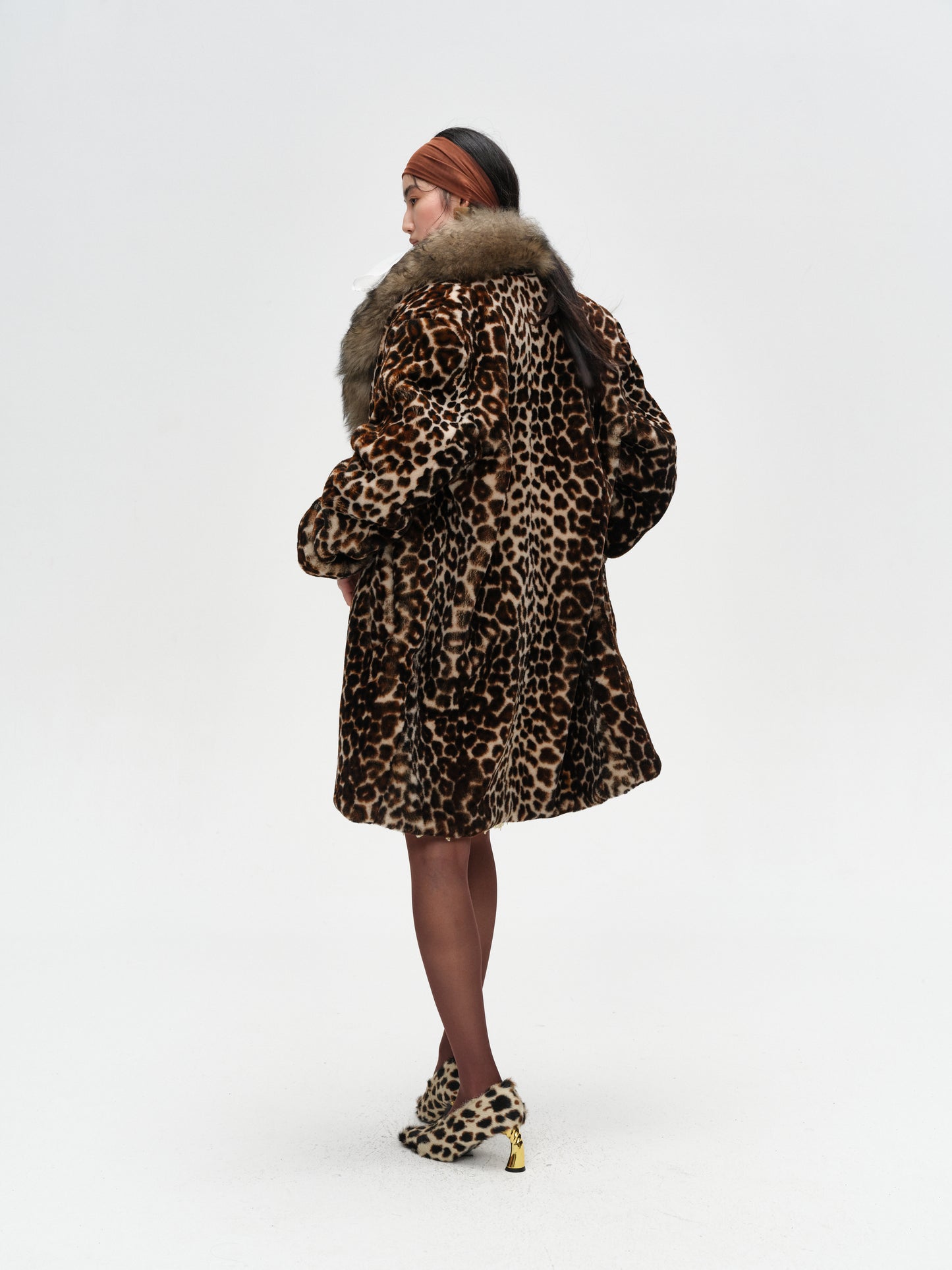 Retro Leopard Print Lamb Leather Collar One-Piece Coat