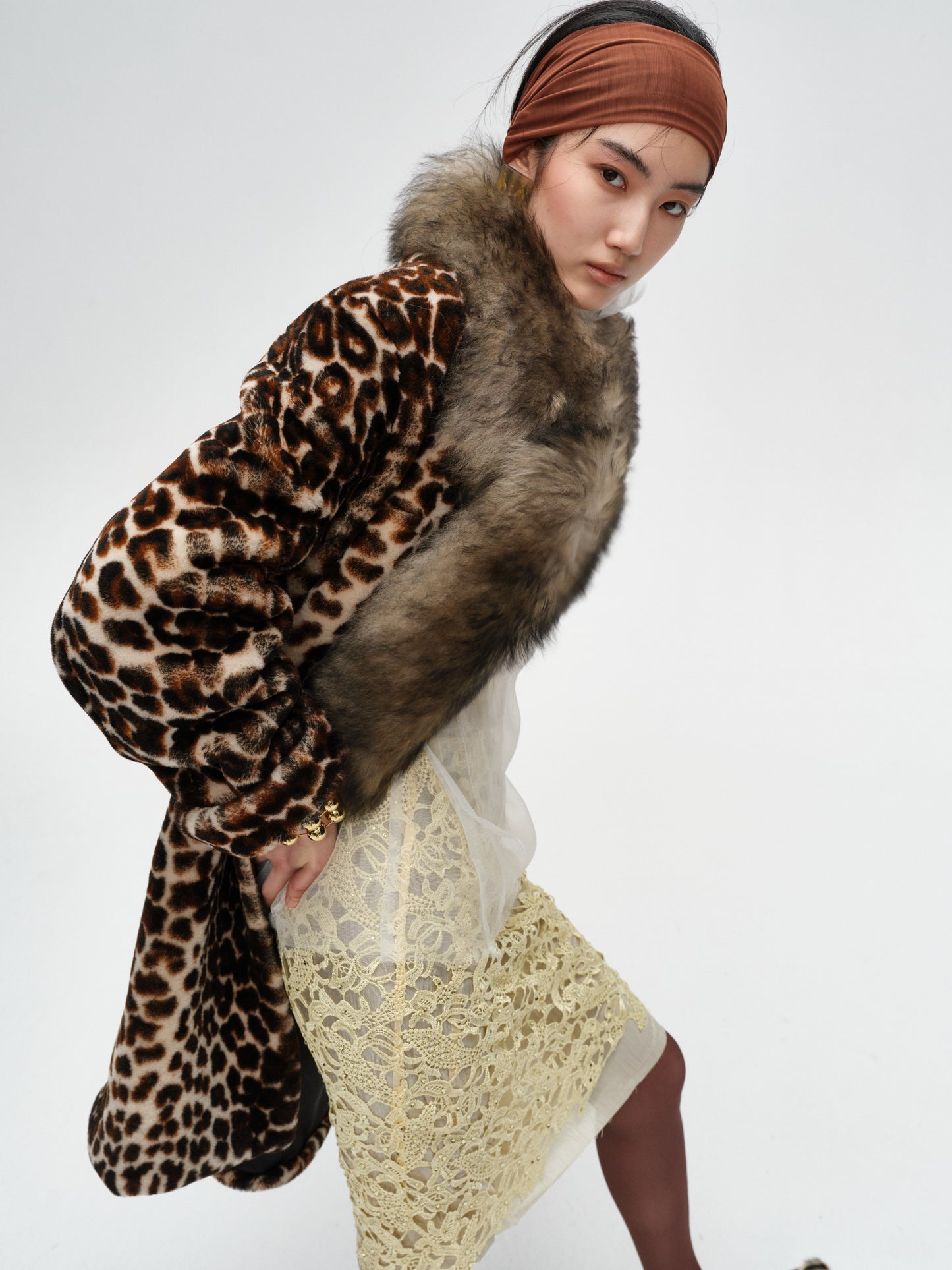 Retro Leopard Print Lamb Leather Collar One-Piece Coat