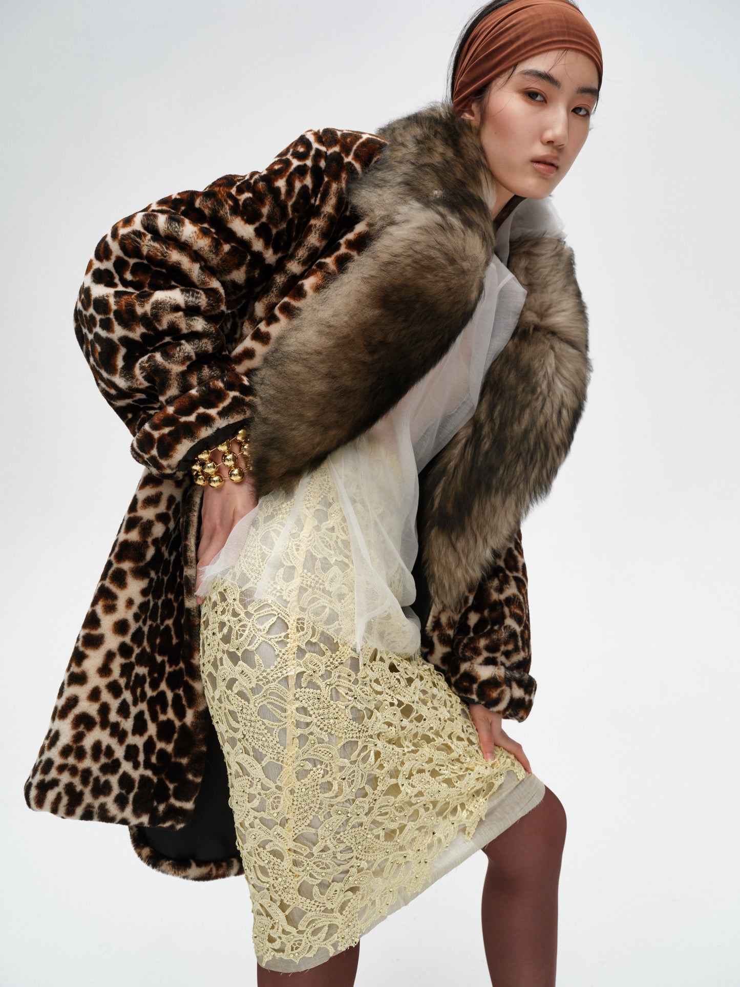 Retro Leopard Print Lamb Leather Collar One-Piece Coat