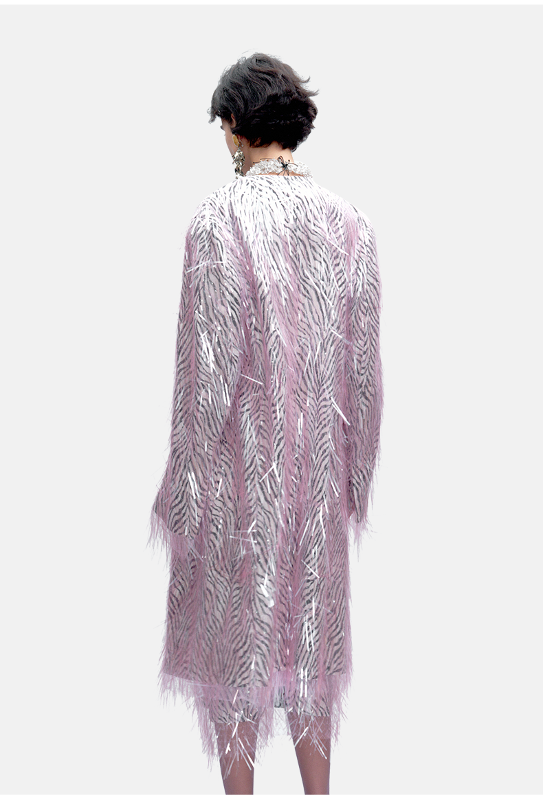 Zebra-Pattern Patchwork Fringe Sequin Coat
