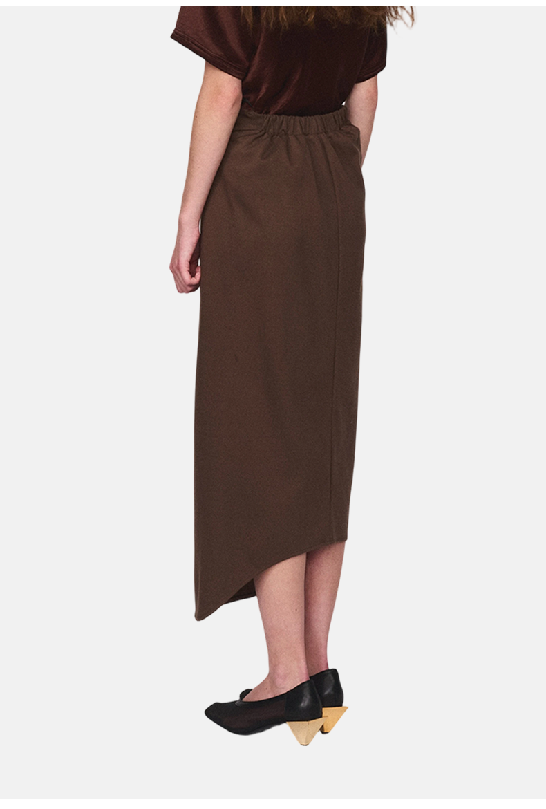 Runway Style Deep Brown Textured Ruched Midi Skirt with Brass Gold Buttons