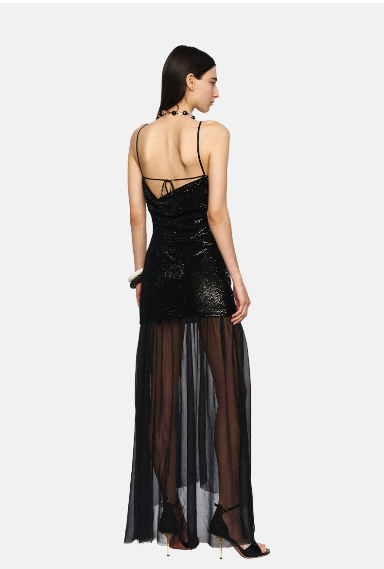 Black Sequin & Sheer Panel Winter Dress
