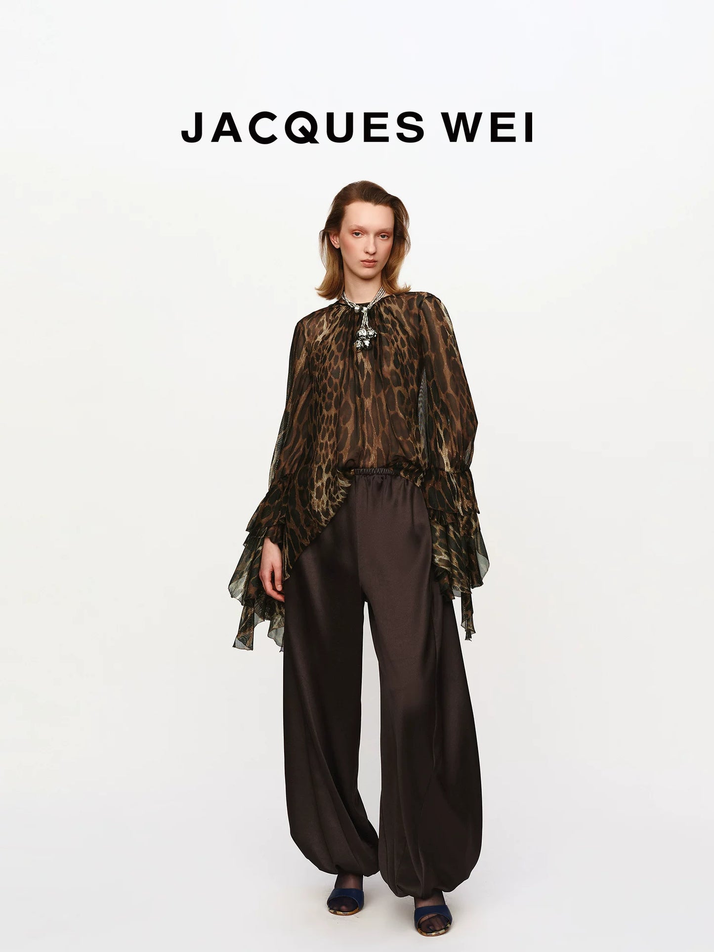 Leopard-Print Sheer Blouse with Petal-Edge Sleeves