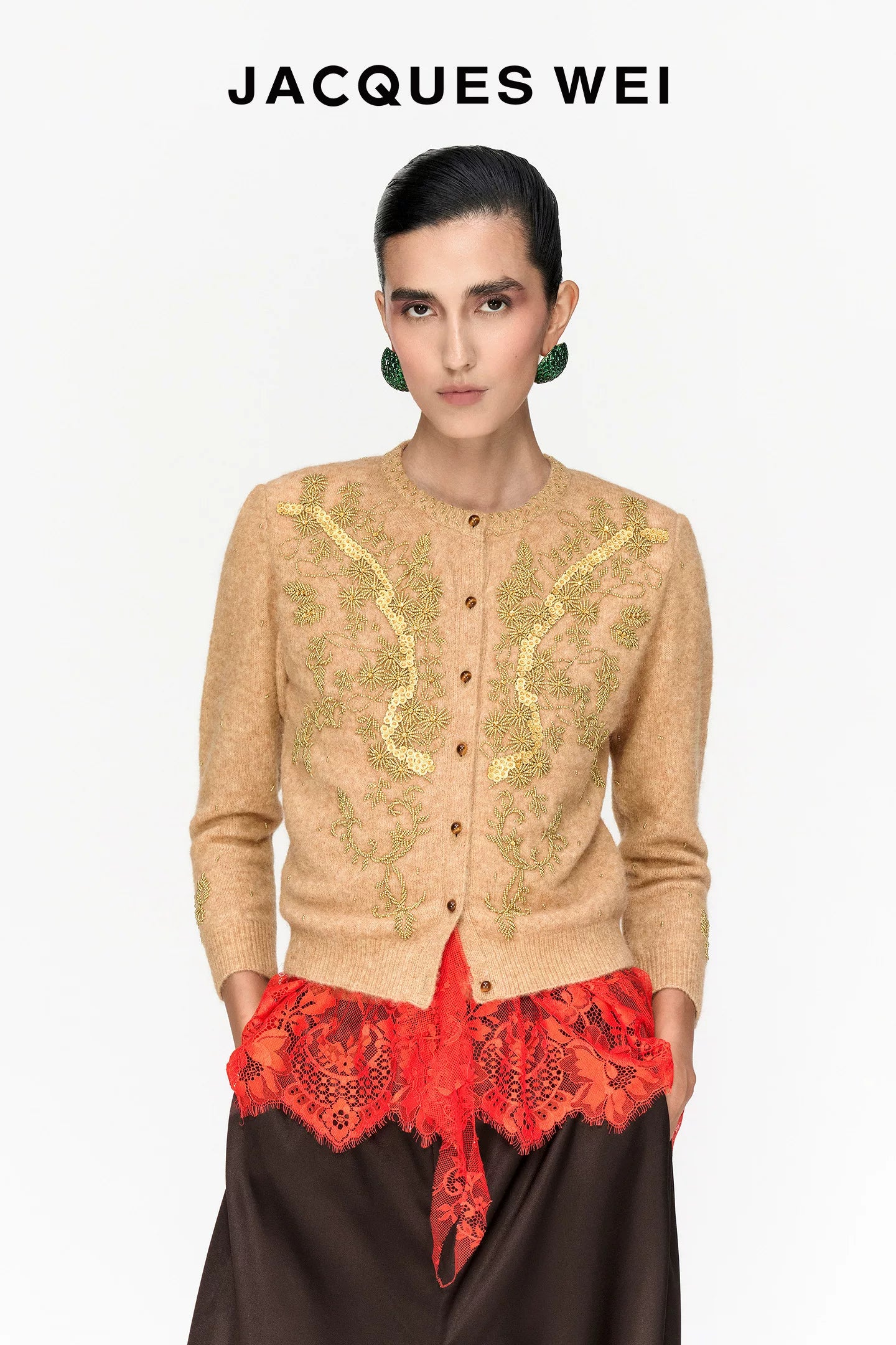 Handcrafted Floral Beaded Wool Cardigan in Light Camel