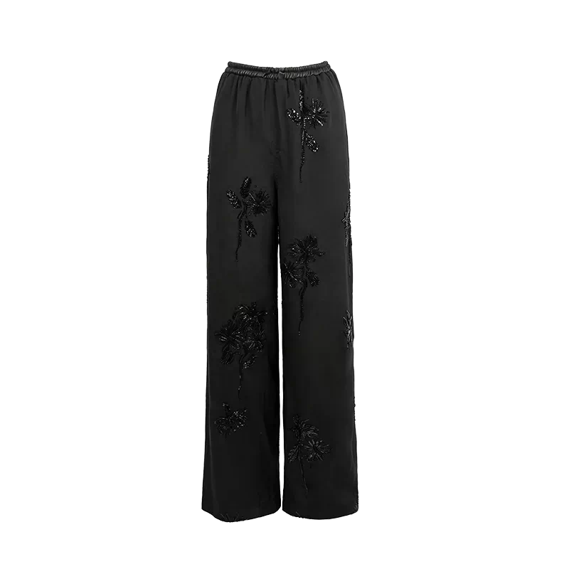 Black Floral Embroidered Tailored Trousers