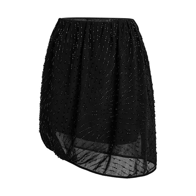 Black Hand-Beaded Pleated Midi Skirt