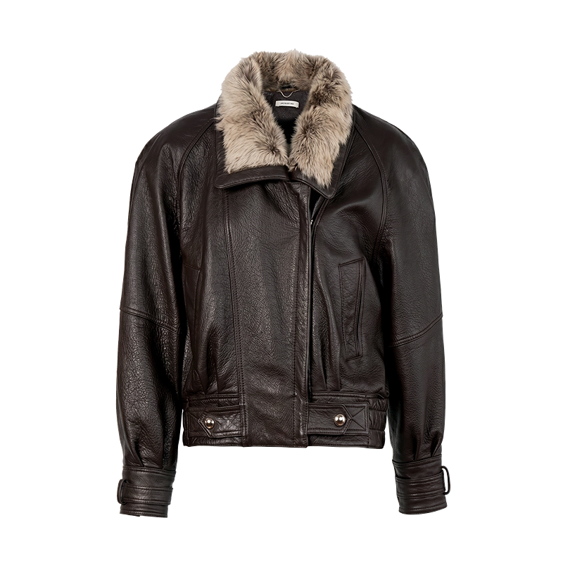 Dark Brown Crinkled Leather Collar Jacket