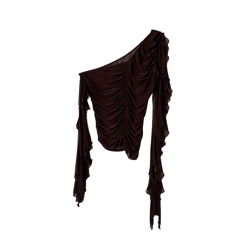 Dark Brown Draped Mesh Top