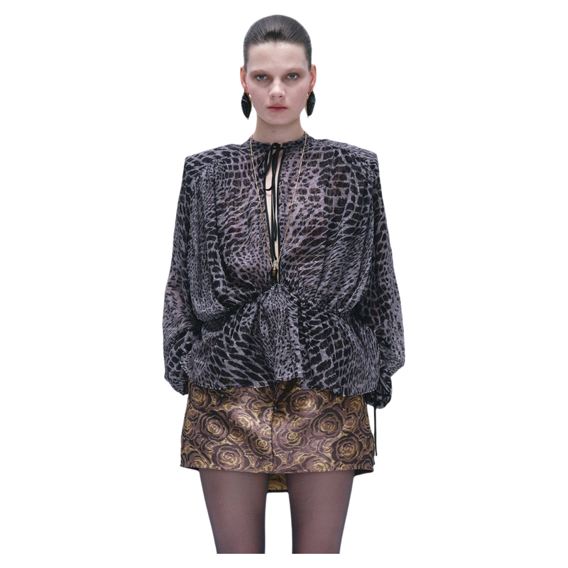 Dark Grey Fish Scale Print Silk Blouse