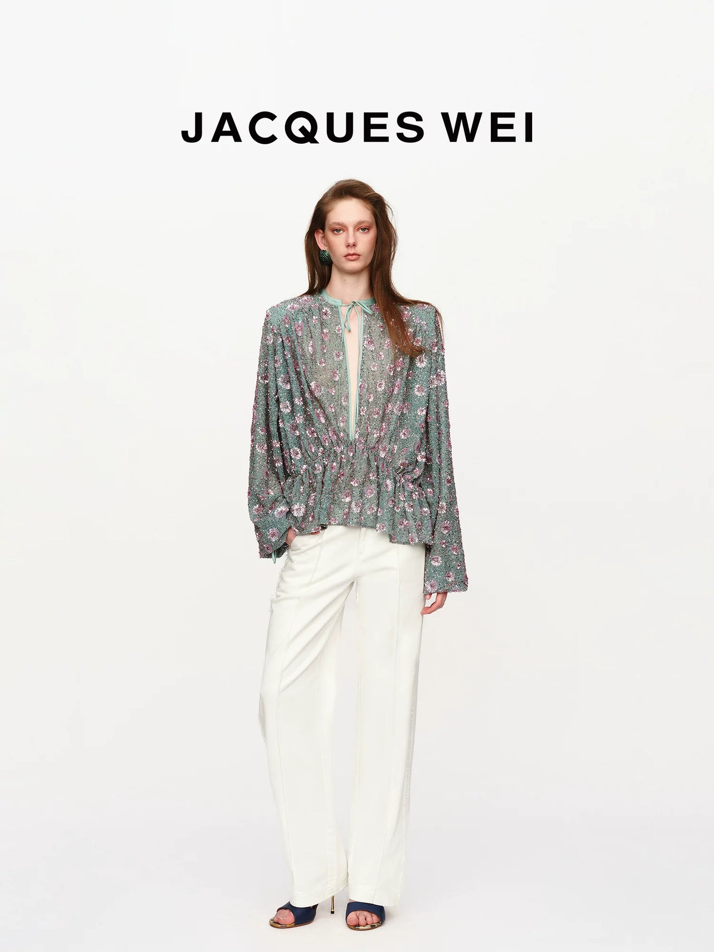 Aqua Green Sequin-Embroidered V-Neck Belted Shirt