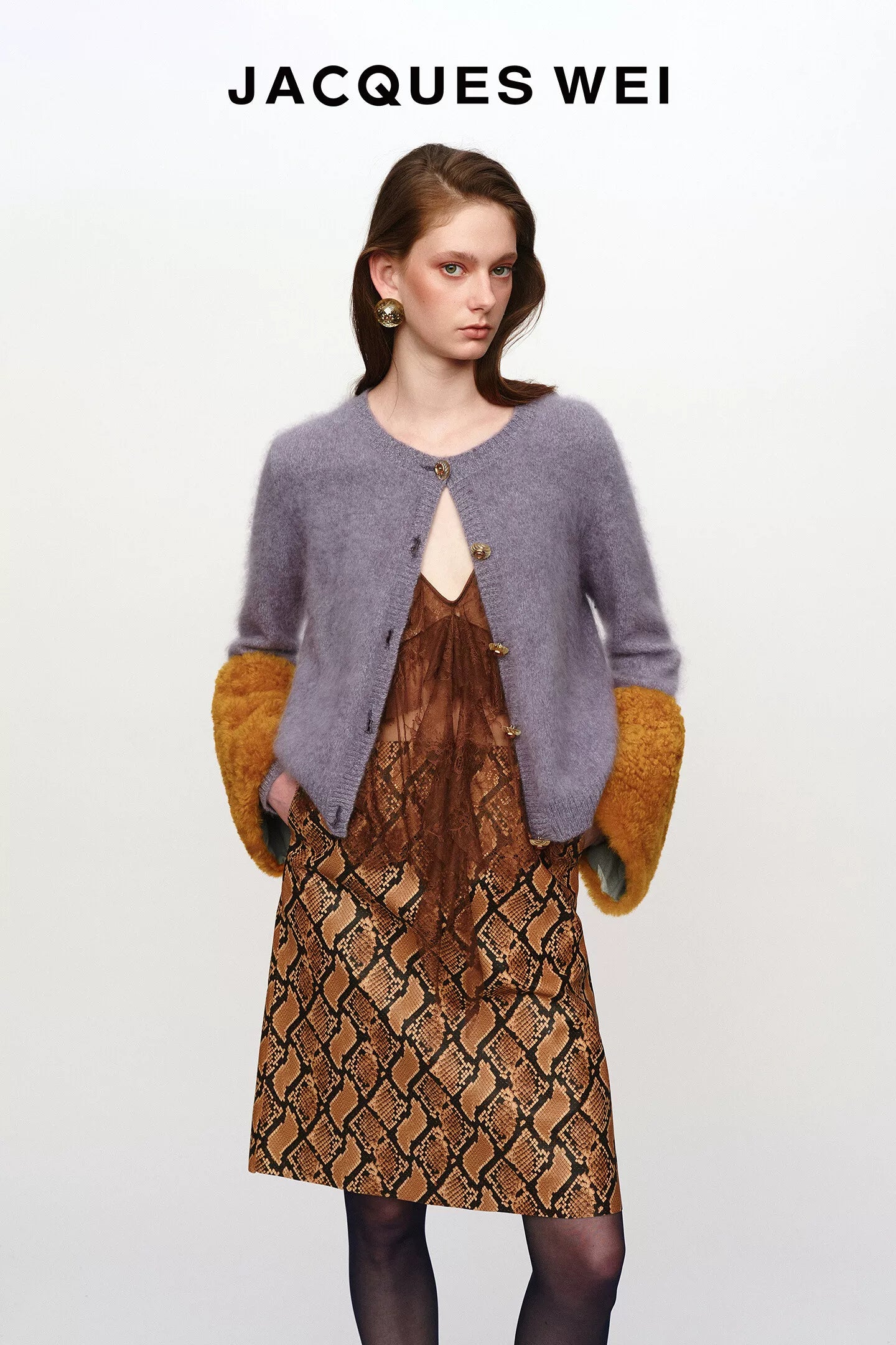Purple Merino Wool Cardigan with Detachable Lambskin Sleeves