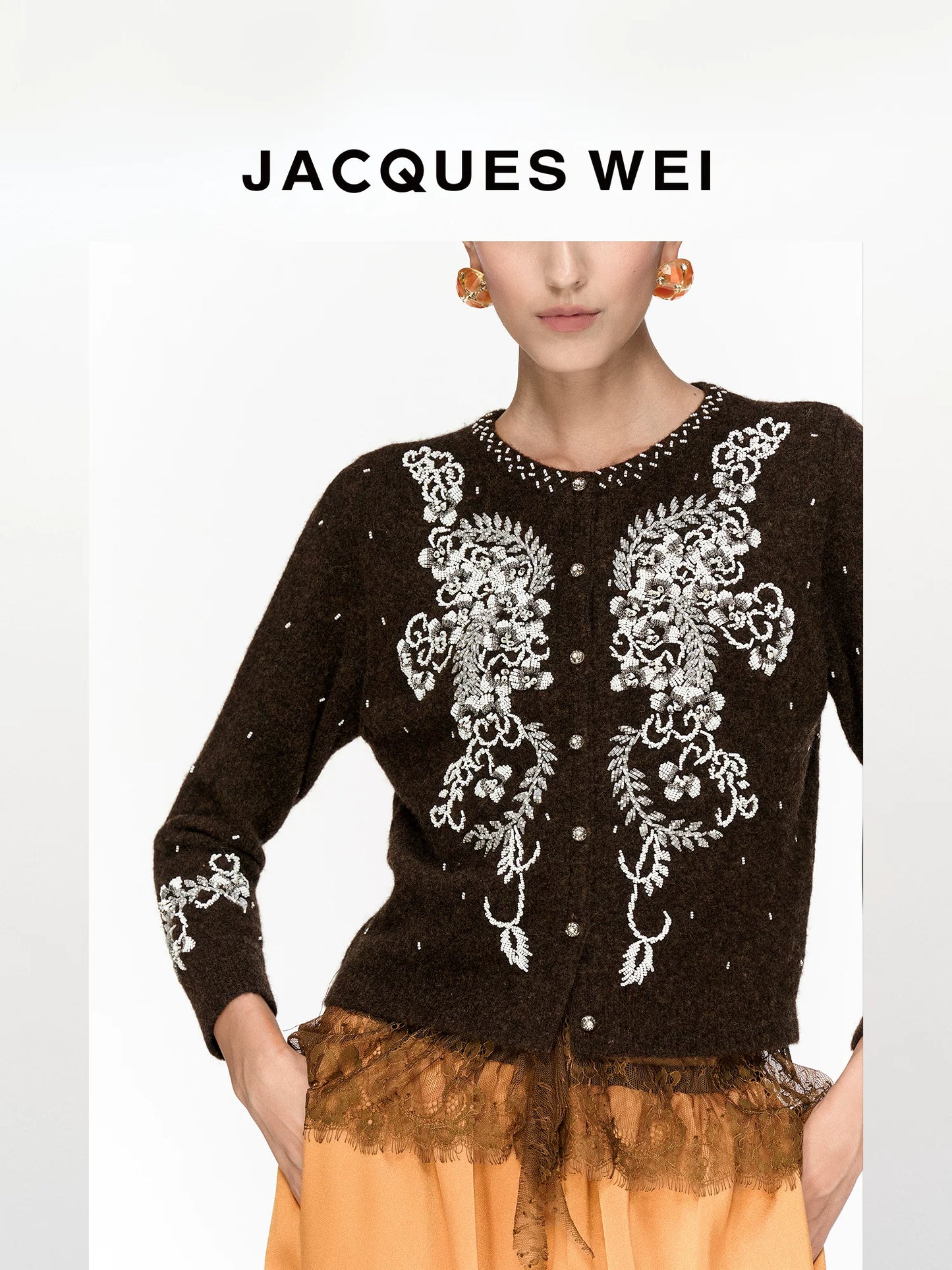 Deep Brown Floral Beaded Wool Cardigan