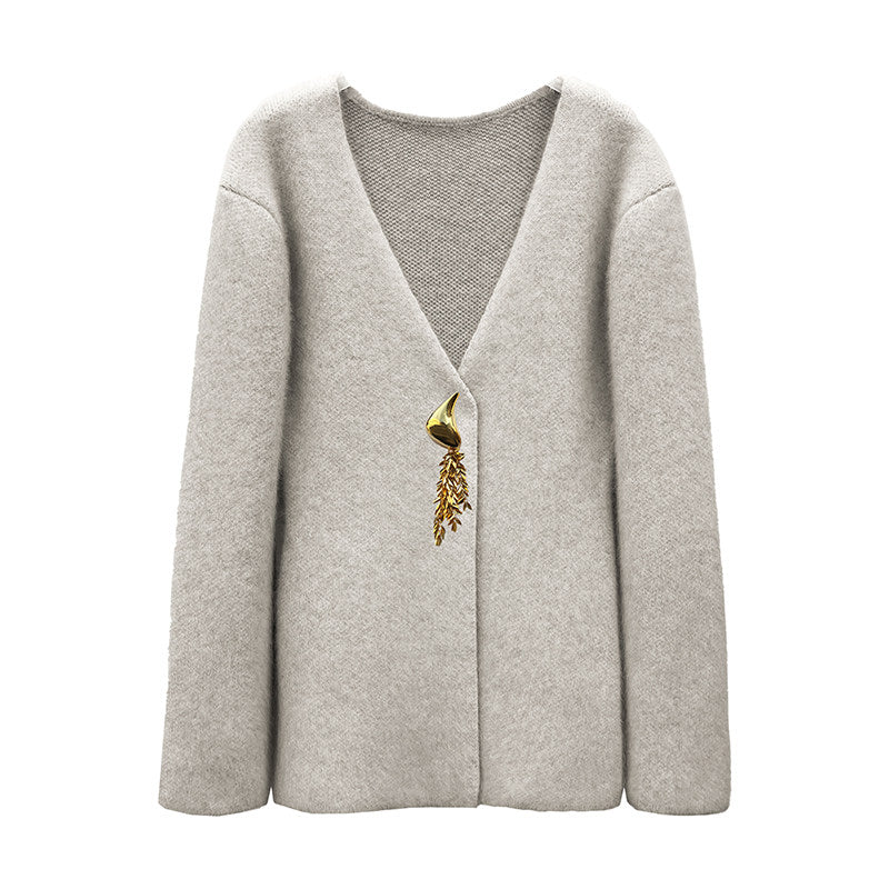 Minimalist Grey-White Gold-Button Wool V-Neck Cardigan