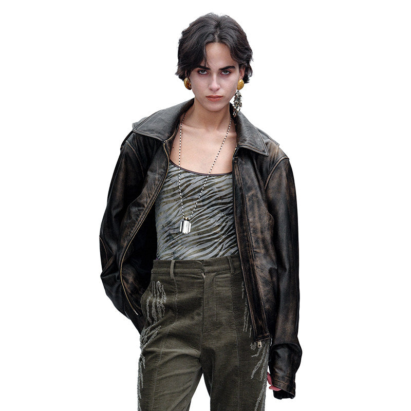 Street-style Vintage Distressed Leather Moto Jacket (Women)