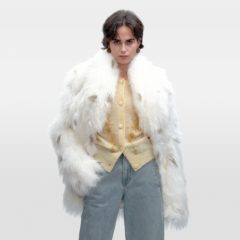 Sheepskin Fur White Spot Long Hair Long Fur Coat