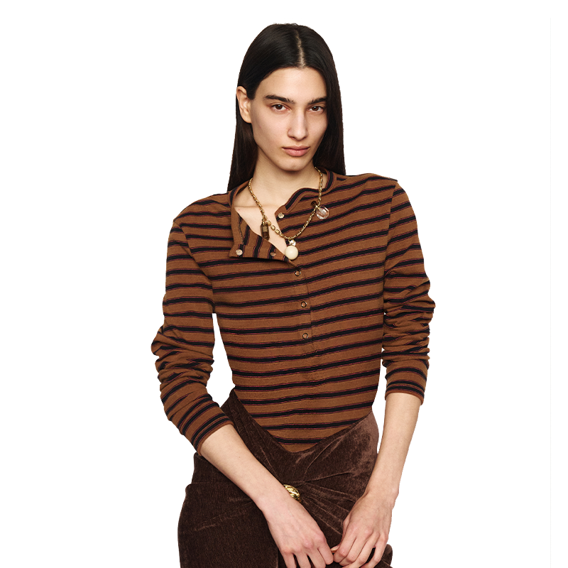 Brown Distressed Wave Collar Striped Long-Sleeve Tee