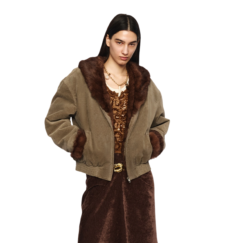 Gray-Green Brushed Fur Collar Short Warm Jacket