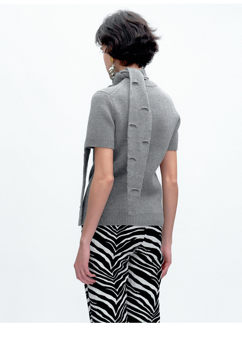 Grey Cut-Out Distressed Wool Short-Sleeve Knit Top