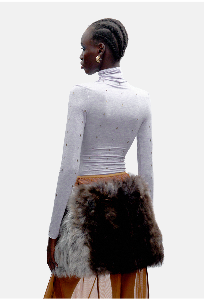 Light Khaki Rhinestone Slim Turtleneck Wool-Blend Top