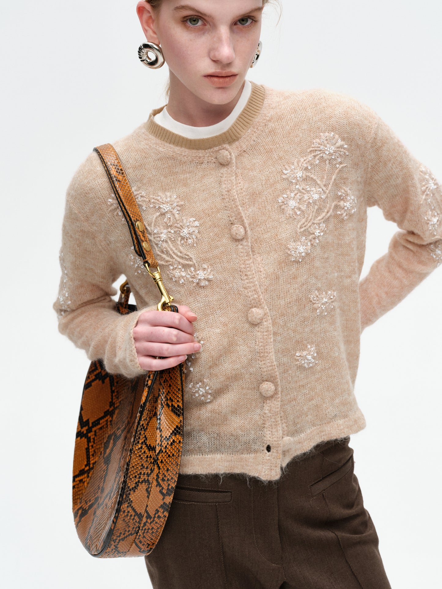 Skin-tone Hand-embroidered Shimmering Epiphyllum Wool Knit Sweater