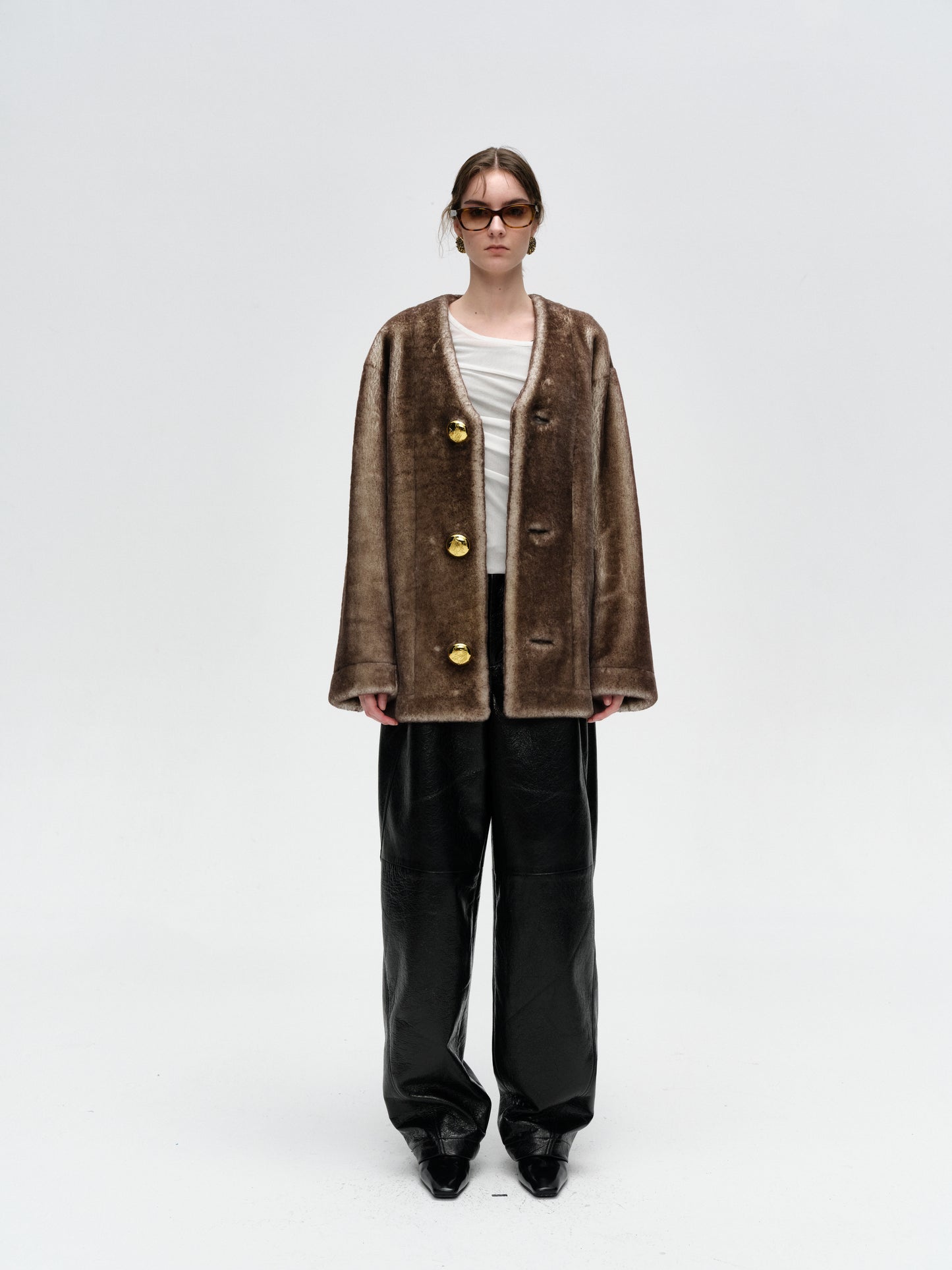 Dark Brown Gold Button Leather One-Piece Coat