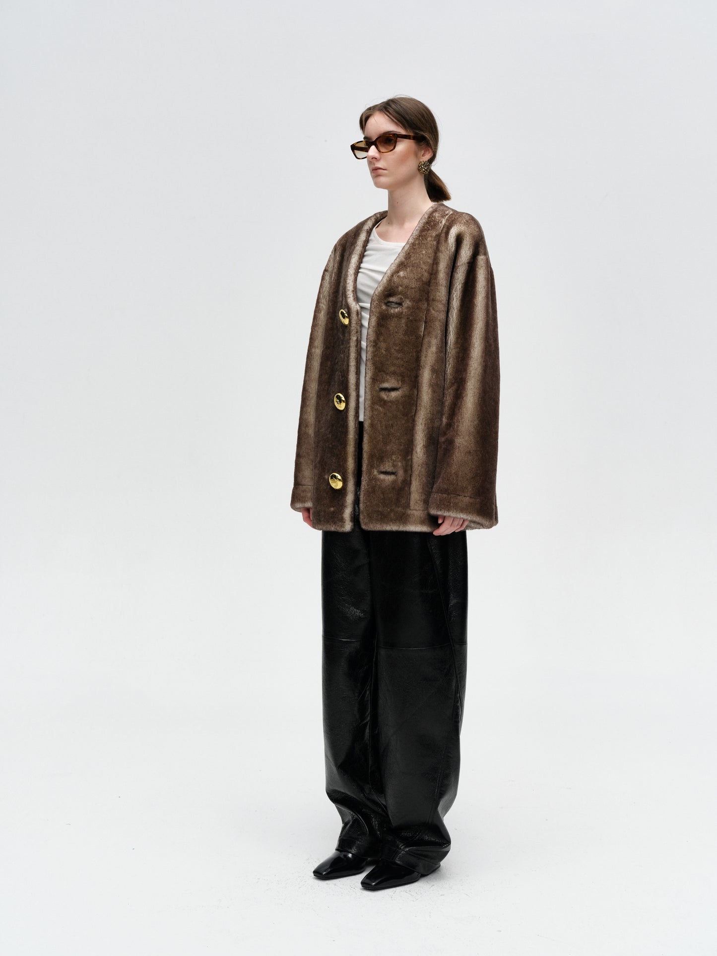 Dark Brown Gold Button Leather One-Piece Coat