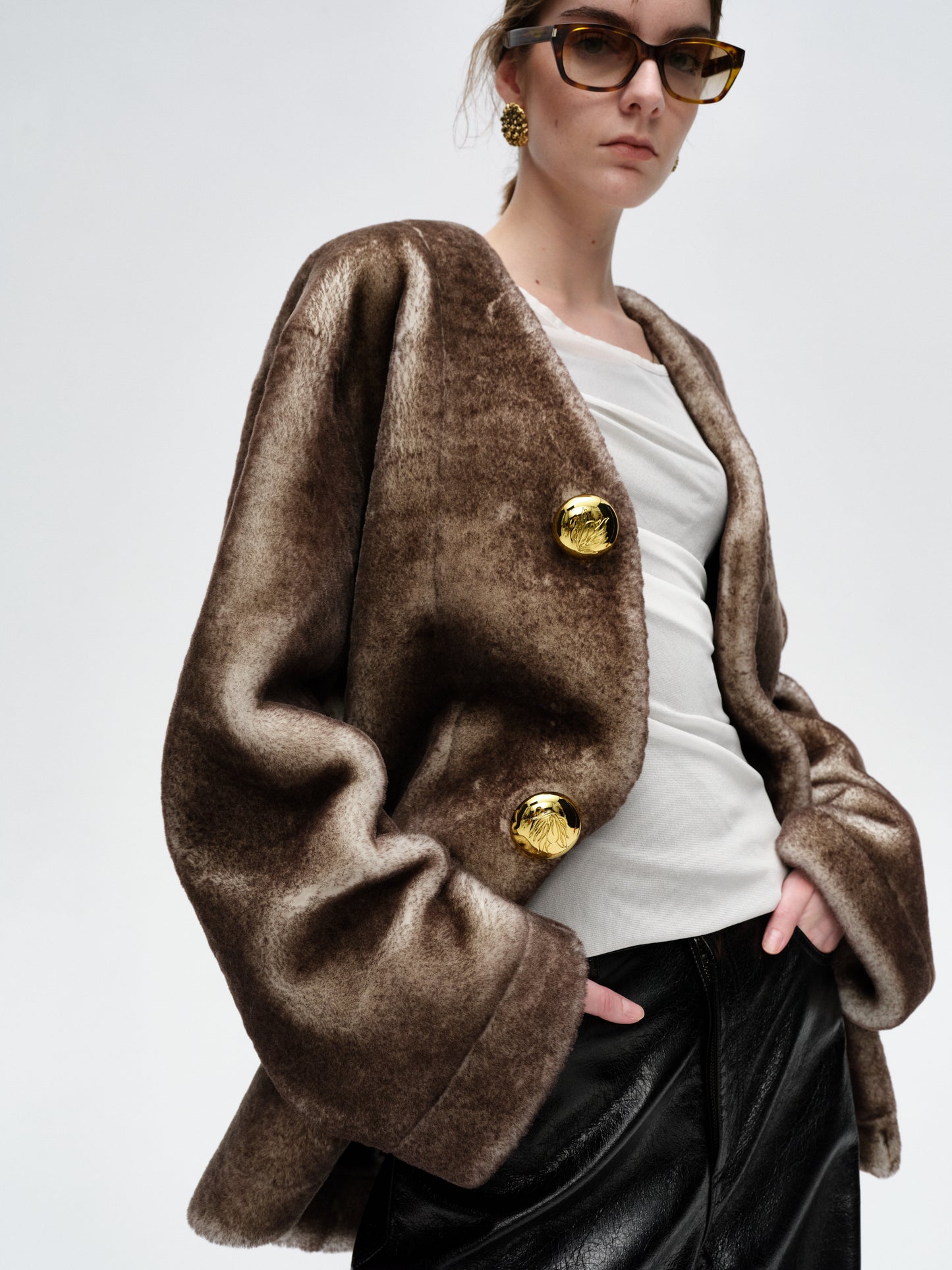 Dark Brown Gold Button Leather One-Piece Coat