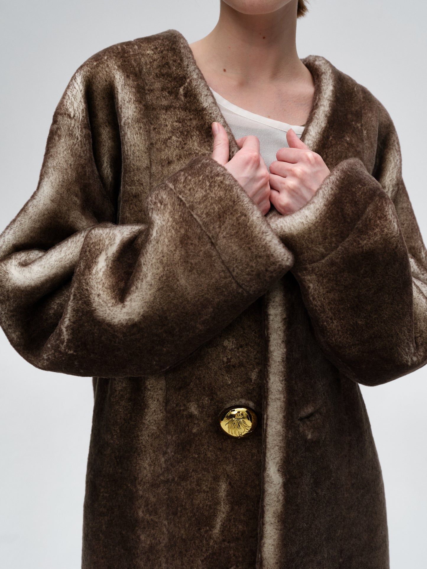 Dark Brown Gold Button Leather One-Piece Coat