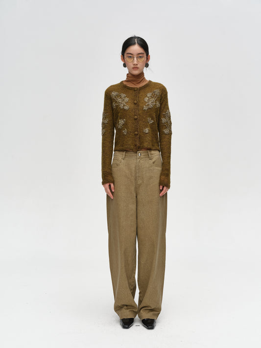 Olive Green Hand-embroidered Shimmering Epiphyllum Wool Knit Sweater