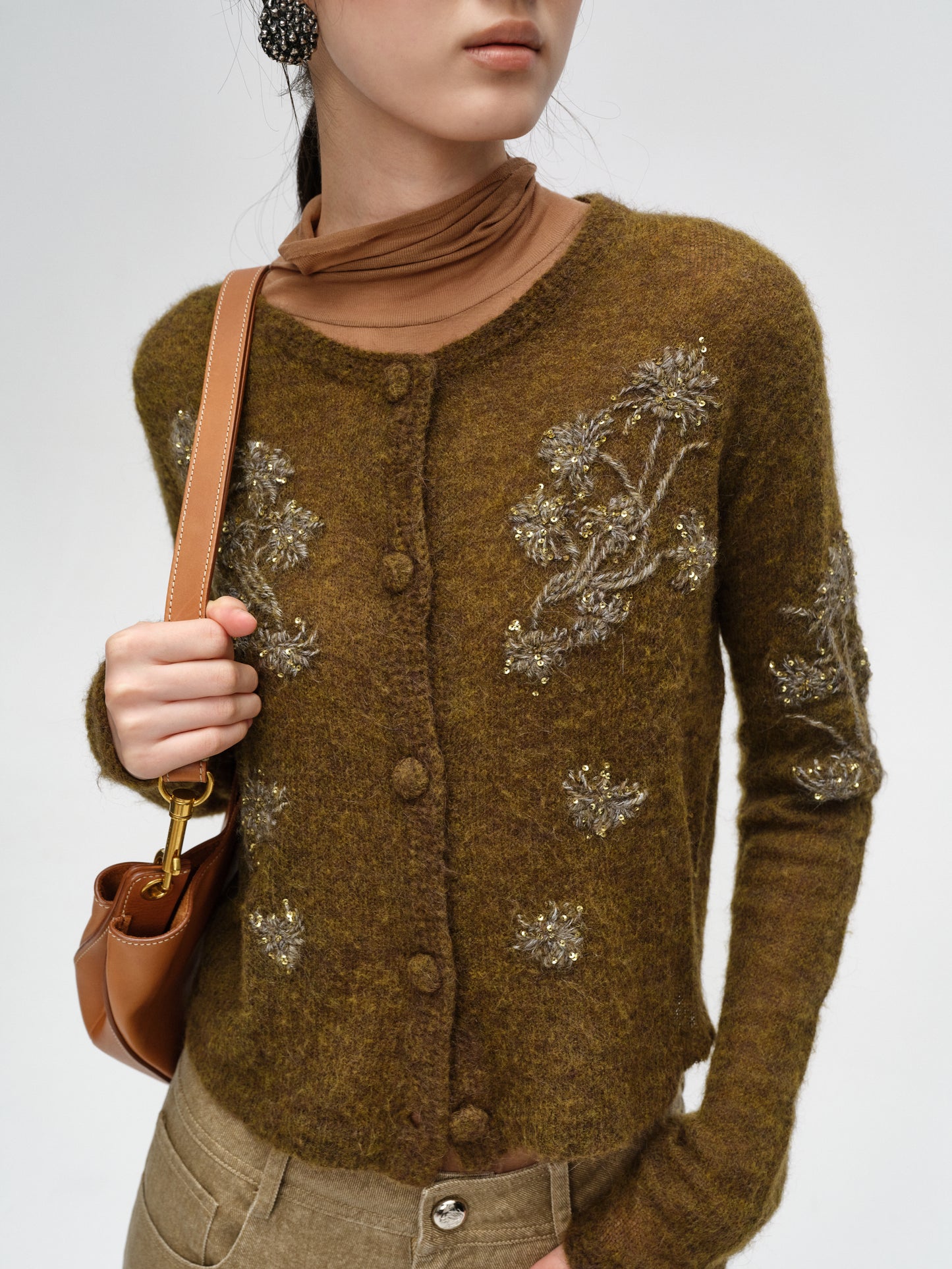 Olive Green Hand-embroidered Shimmering Epiphyllum Wool Knit Sweater