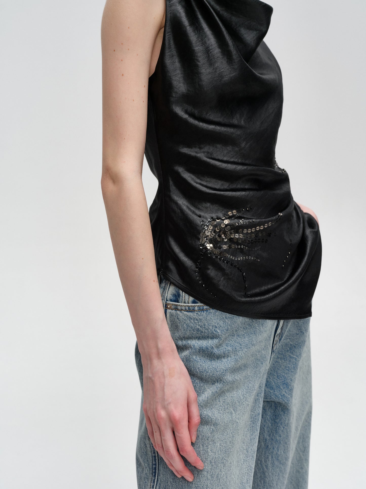 Black Sequin Asymmetrical Ruched Camisole