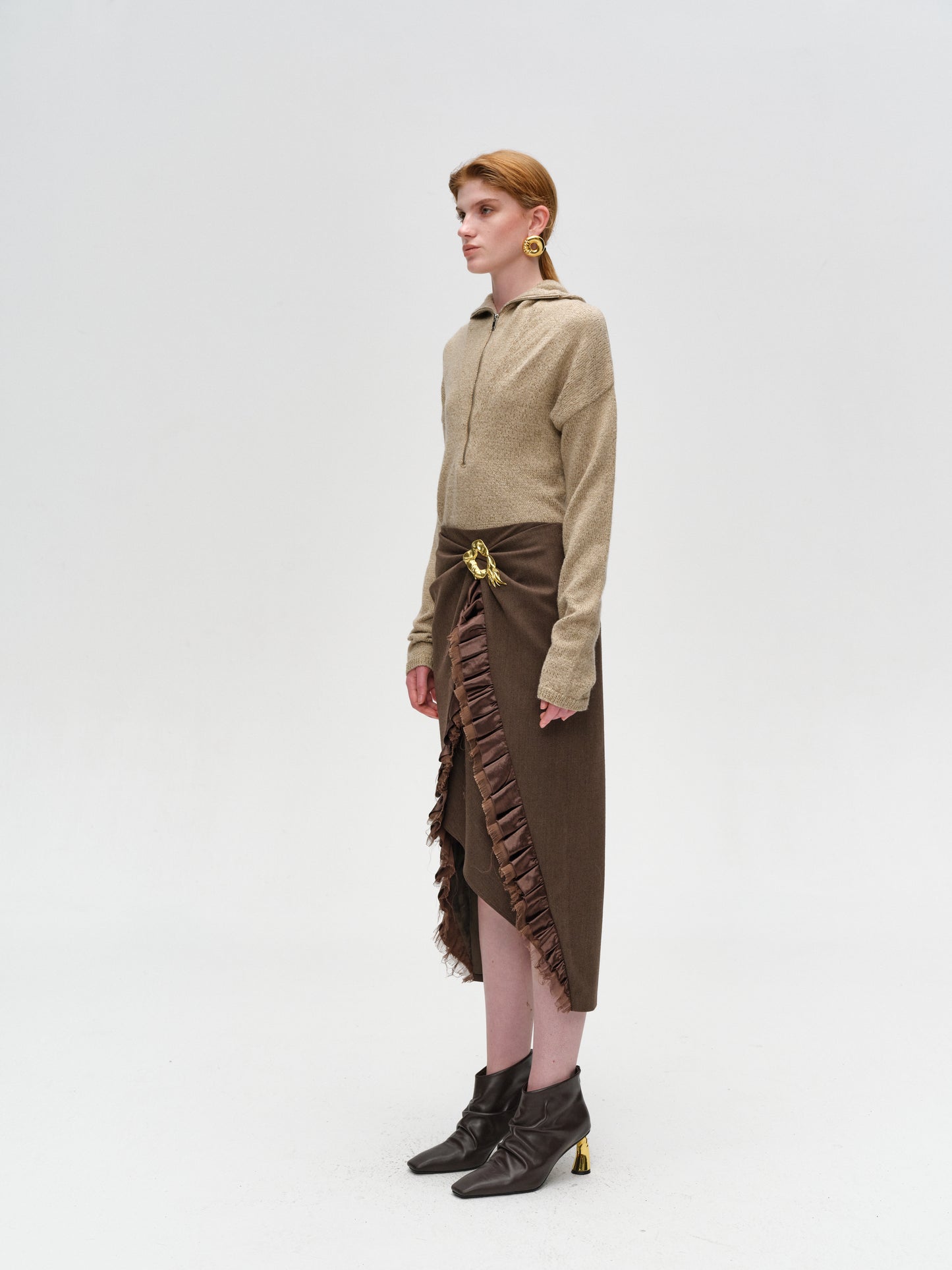 Deep Khaki Ruffle-Edge Panel Lambskin Skirt