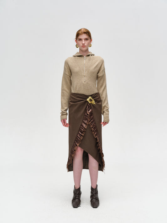 Deep Khaki Ruffle-Edge Panel Lambskin Skirt