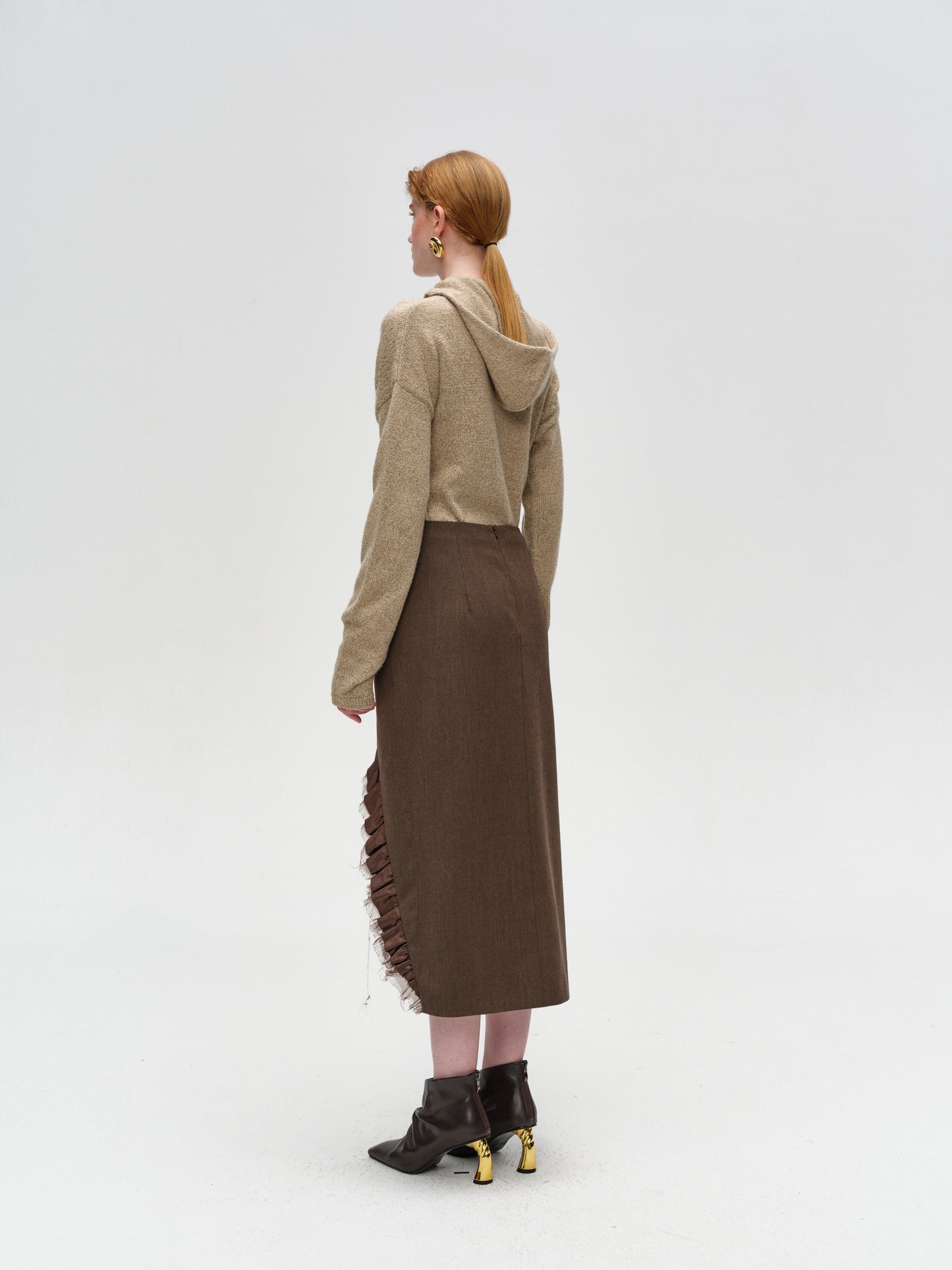 Deep Khaki Ruffle-Edge Panel Lambskin Skirt